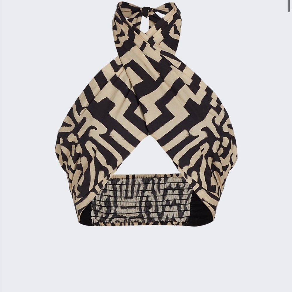Johanna Ortiz Black and Cream Graphic Halter Crop Top